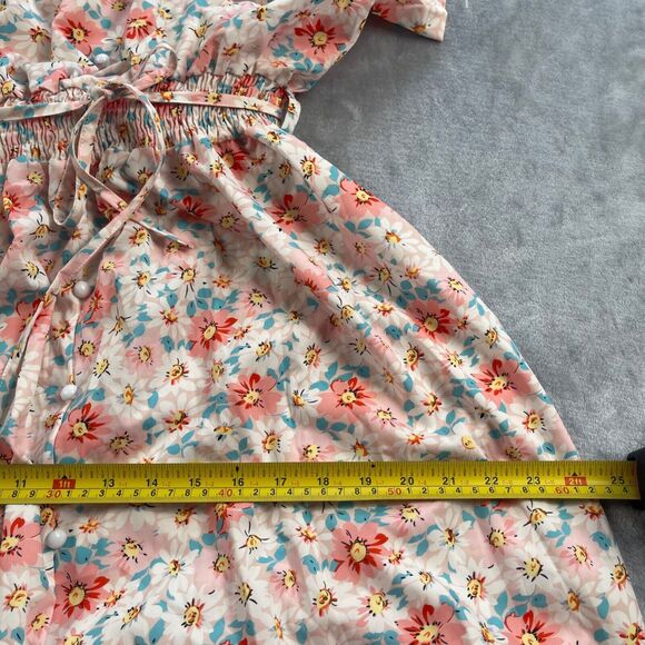 Live Cloth Dress Large Pink Blue Floral Maxi Smocked Waist Tie V-neck Button Up - Picture 9 of 16